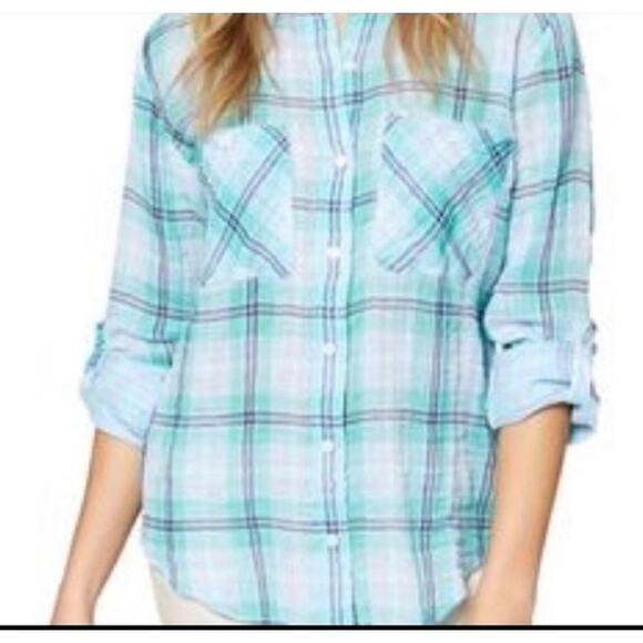 Anthropologie Sanctuary Plaid Gauzy Cotton Turquoise Boxy Button Up Shirt Small - Picture 9 of 11